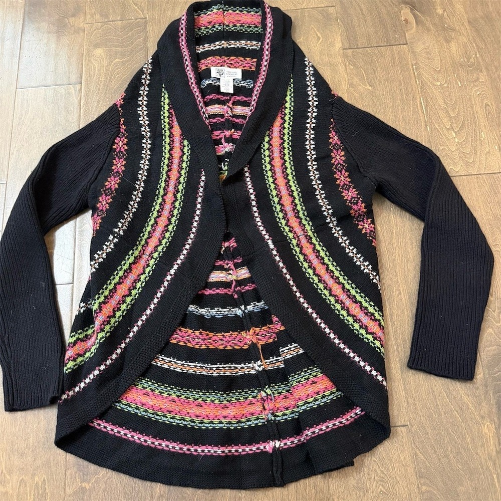 Cotton Country Cardigan Sweater Womens S/P Black Fair Isle‎ Shawl Collar
